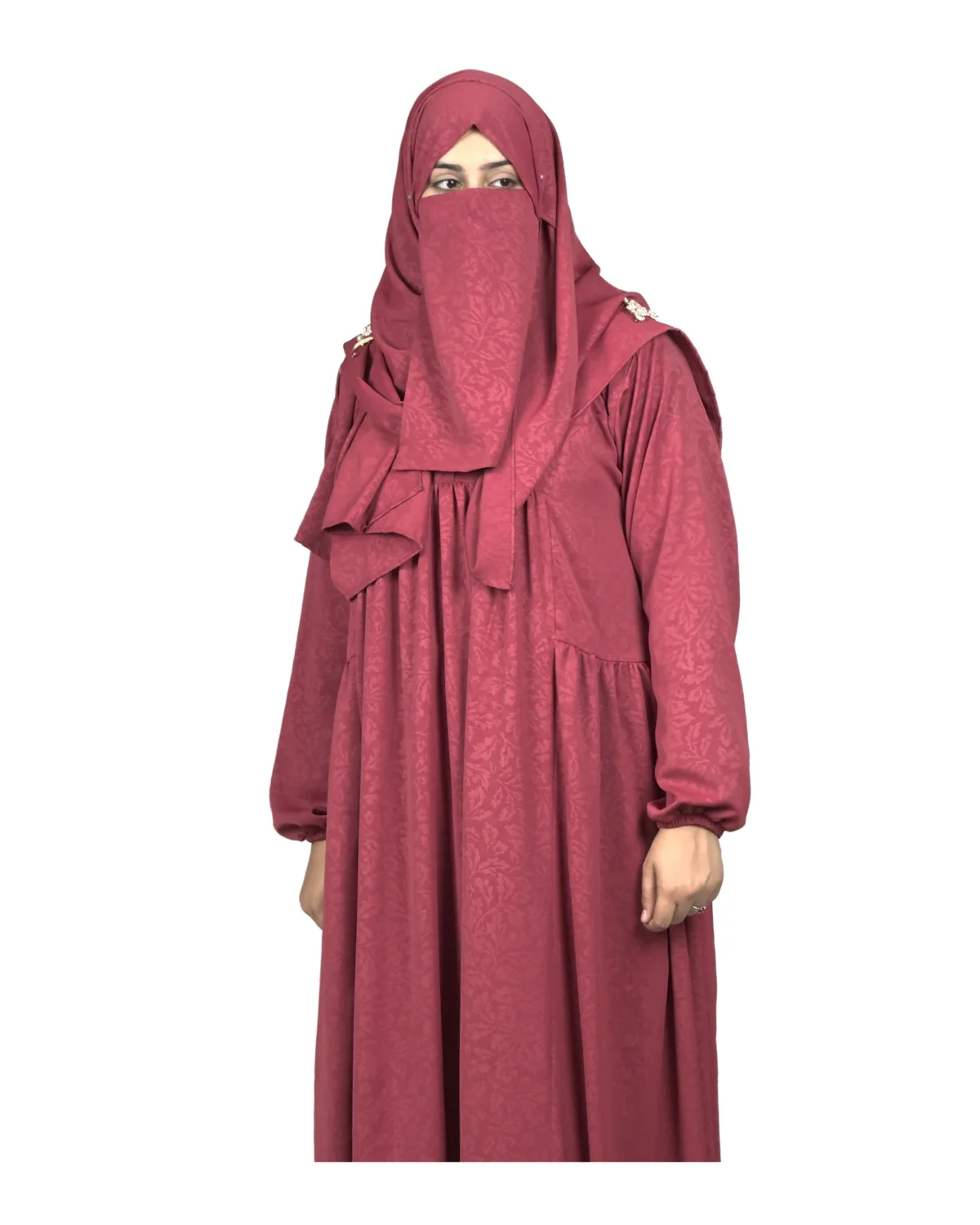 Berry Crush berry / dusty rose abaya front view with self-textured jacquard and softly gathered skirt