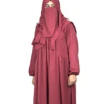 Berry Crush berry / dusty rose abaya front view with self-textured jacquard and softly gathered skirt