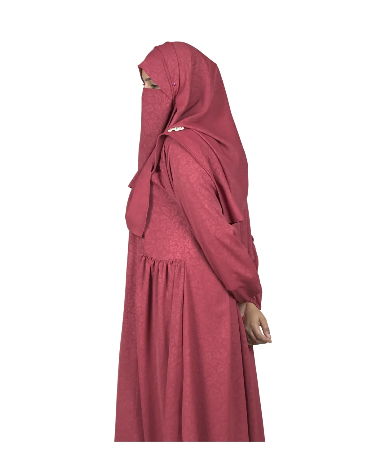 Berry Crush berry / dusty rose abaya side profile view with self-textured jacquard and softly gathered skirt