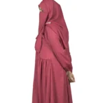 Berry Crush berry / dusty rose abaya side profile view with self-textured jacquard and softly gathered skirt