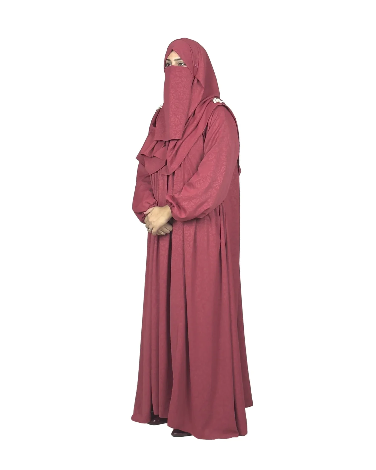 Berry Crush berry / dusty rose abaya side profile view with self-textured jacquard and softly gathered skirt