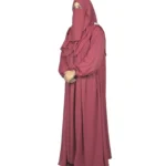 Berry Crush berry / dusty rose abaya side profile view with self-textured jacquard and softly gathered skirt