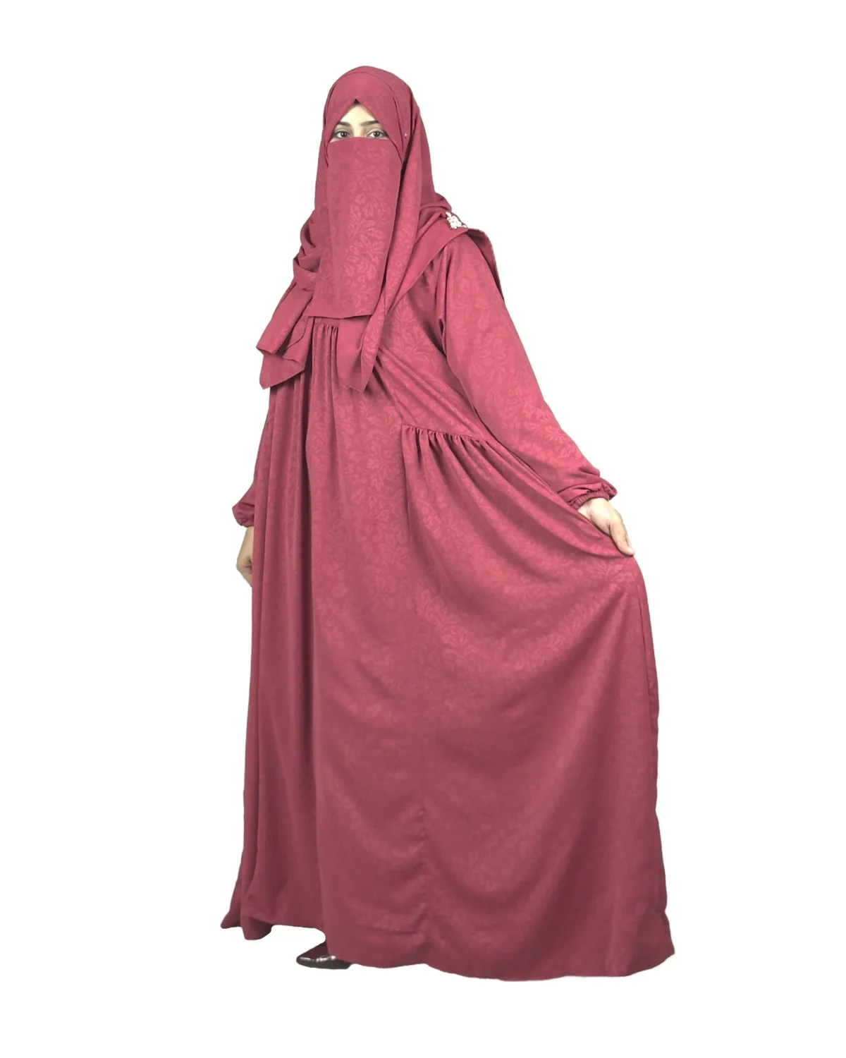 Berry Crush berry / dusty rose abaya front three-quarter view with self-textured jacquard and softly gathered skirt