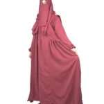 Berry Crush berry / dusty rose abaya front three-quarter view with self-textured jacquard and softly gathered skirt