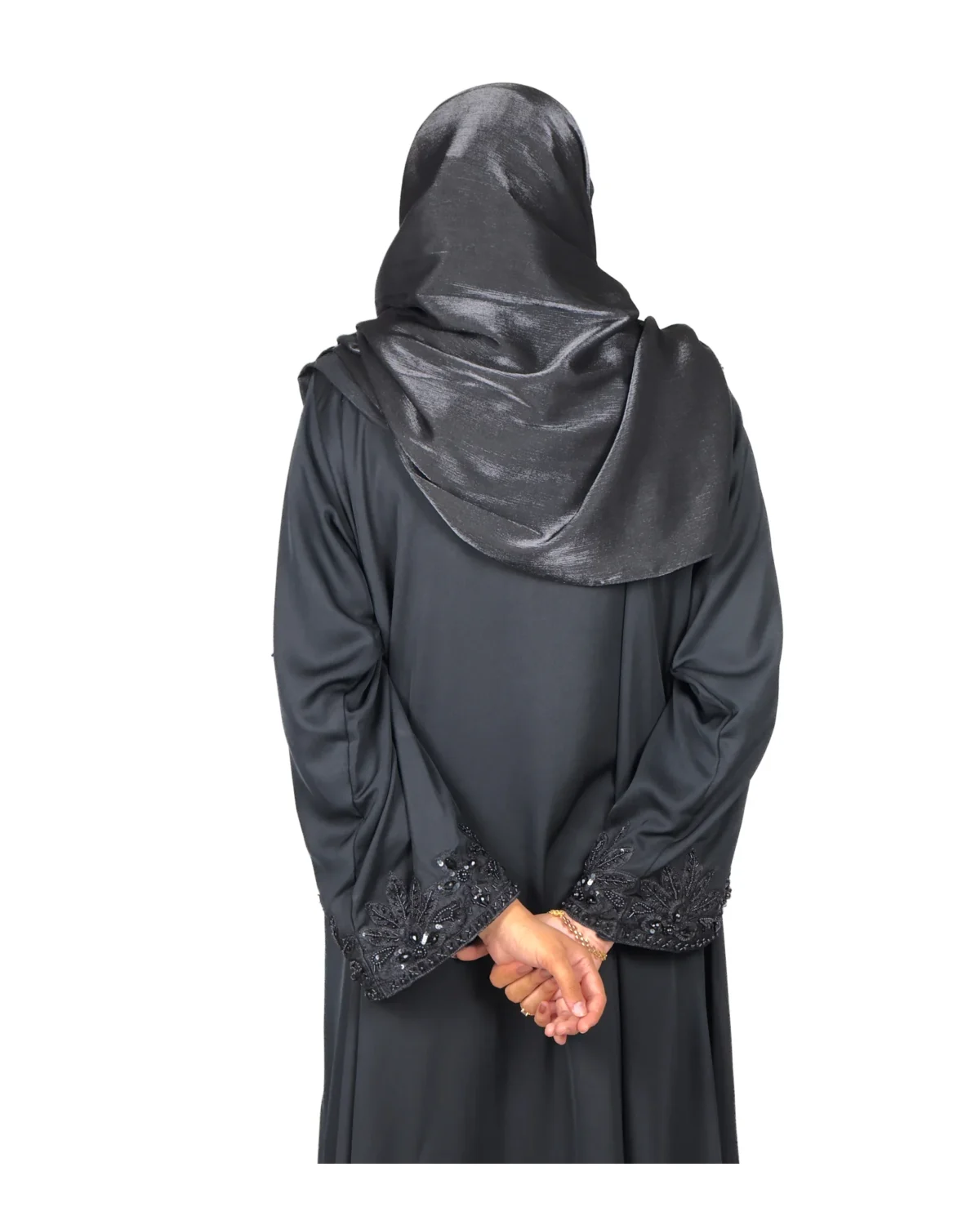 Black Sequin black abaya back view with tone-on-tone black beaded florals
