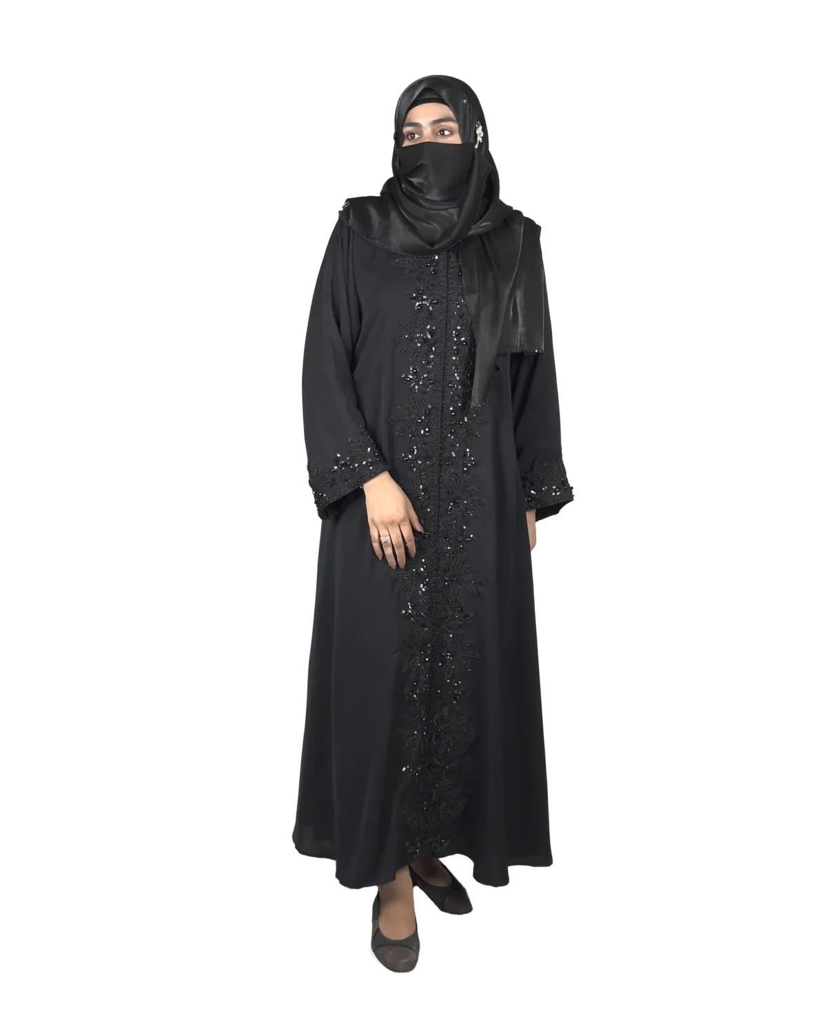 Black Sequin black abaya front view with tone-on-tone black beaded florals