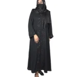 Black Sequin black abaya front view with tone-on-tone black beaded florals