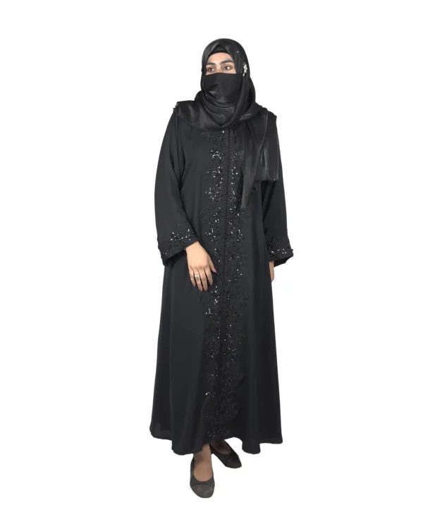 Black Sequin black abaya front view with tone-on-tone black beaded florals