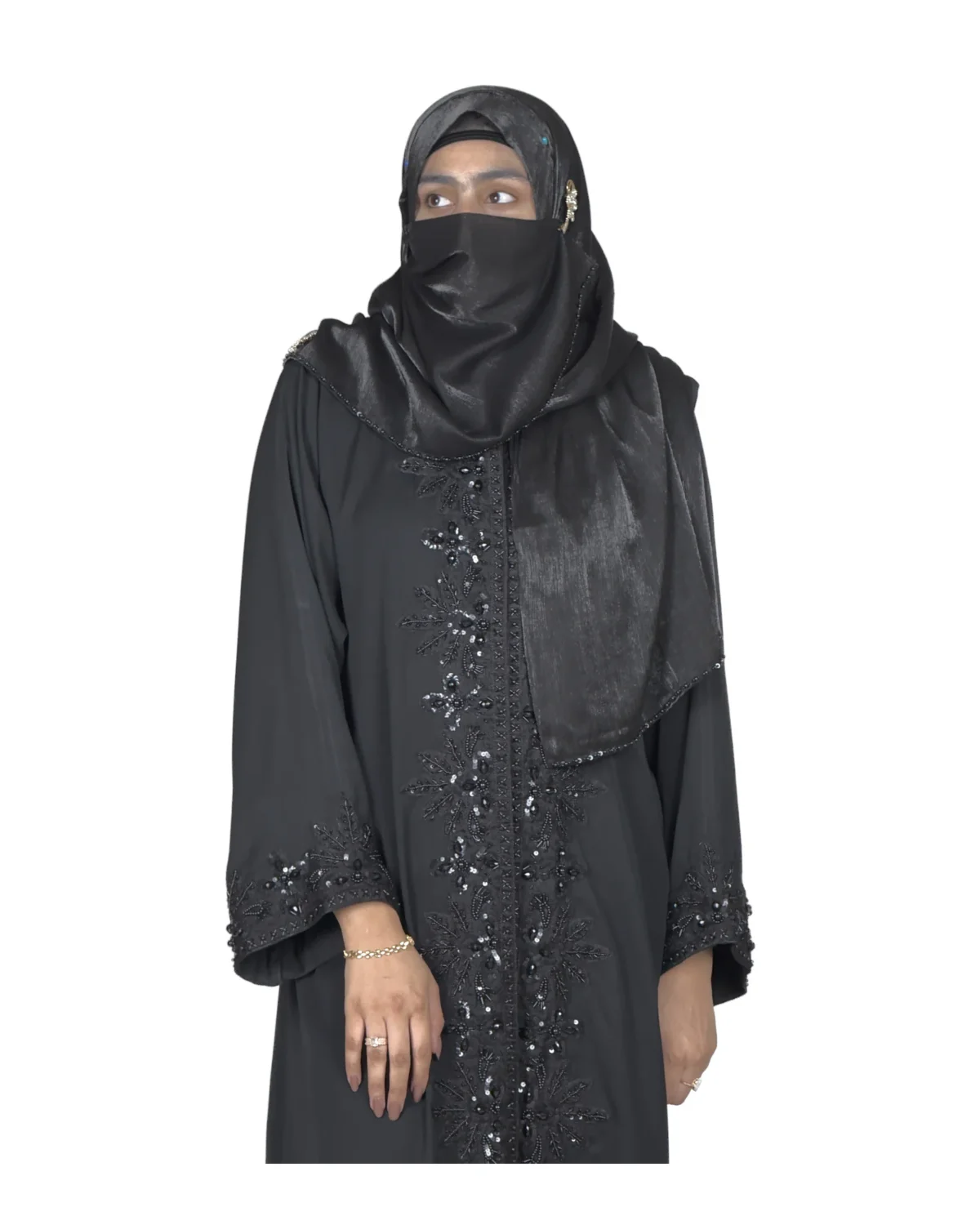 Black Sequin black abaya front view with tone-on-tone black beaded florals