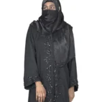 Black Sequin black abaya front view with tone-on-tone black beaded florals