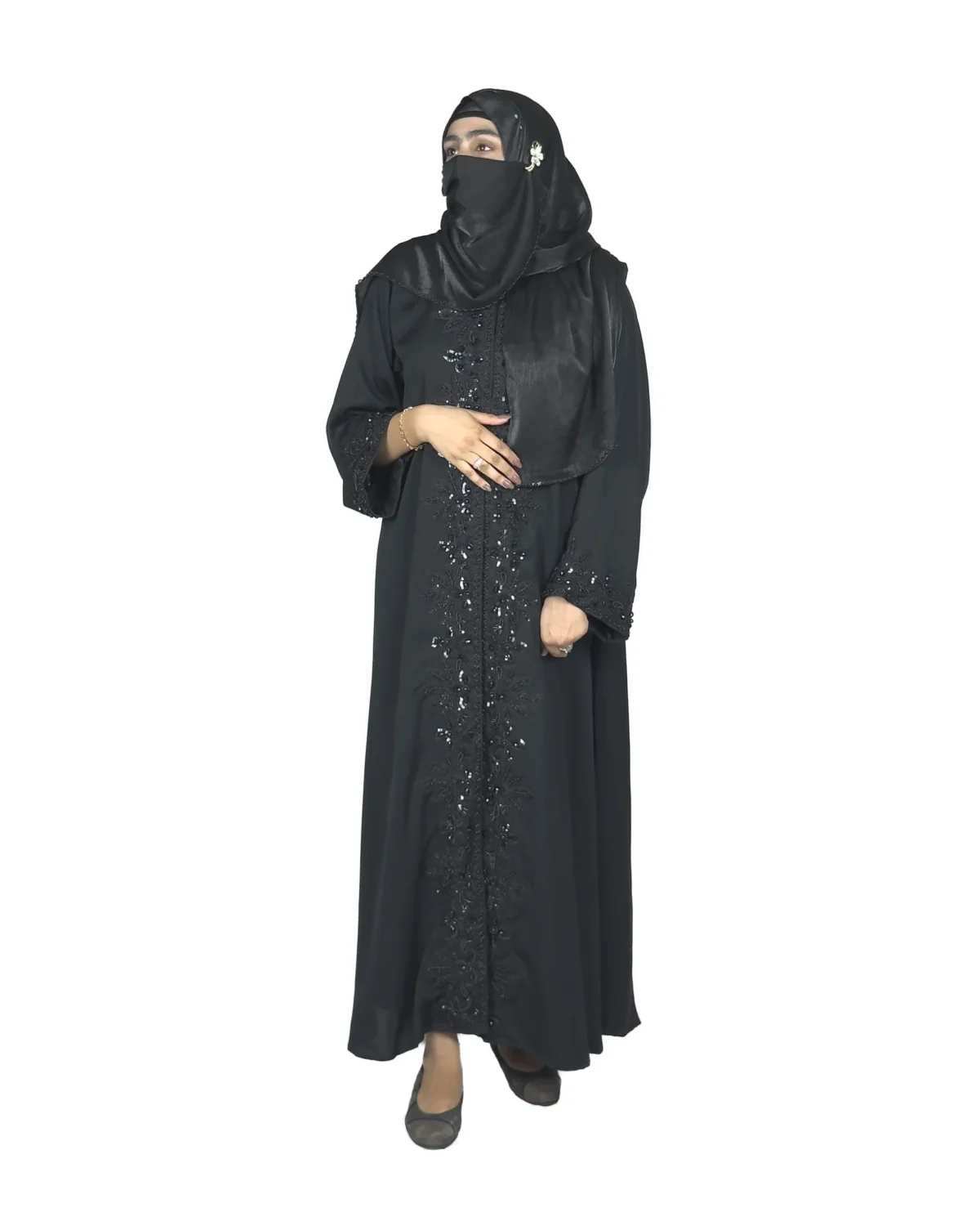 Black Sequin black abaya front view with tone-on-tone black beaded florals