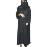 Black Sequin black abaya front view with tone-on-tone black beaded florals