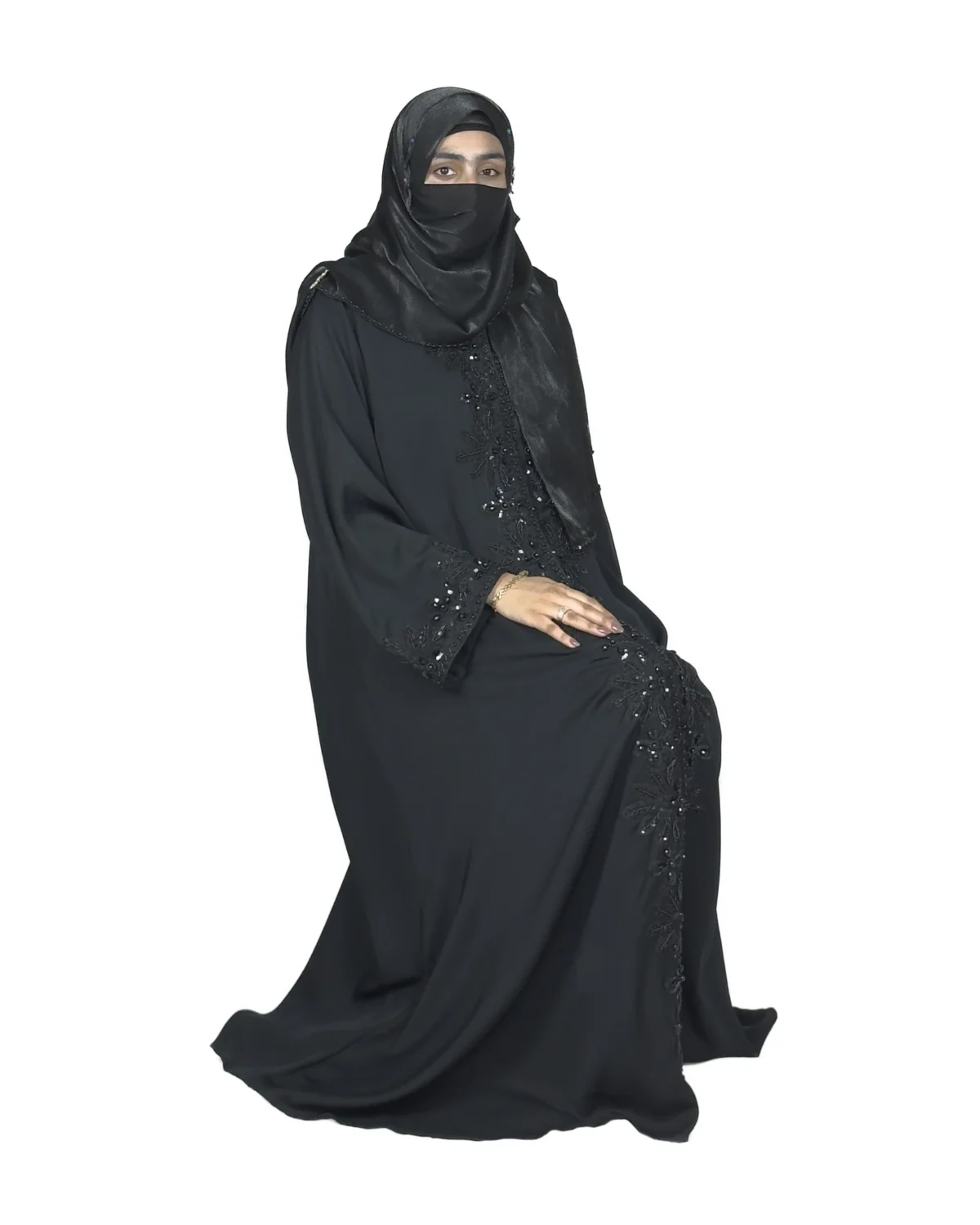 Black Sequin black abaya front three-quarter view with tone-on-tone black beaded florals