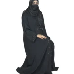 Black Sequin black abaya front three-quarter view with tone-on-tone black beaded florals