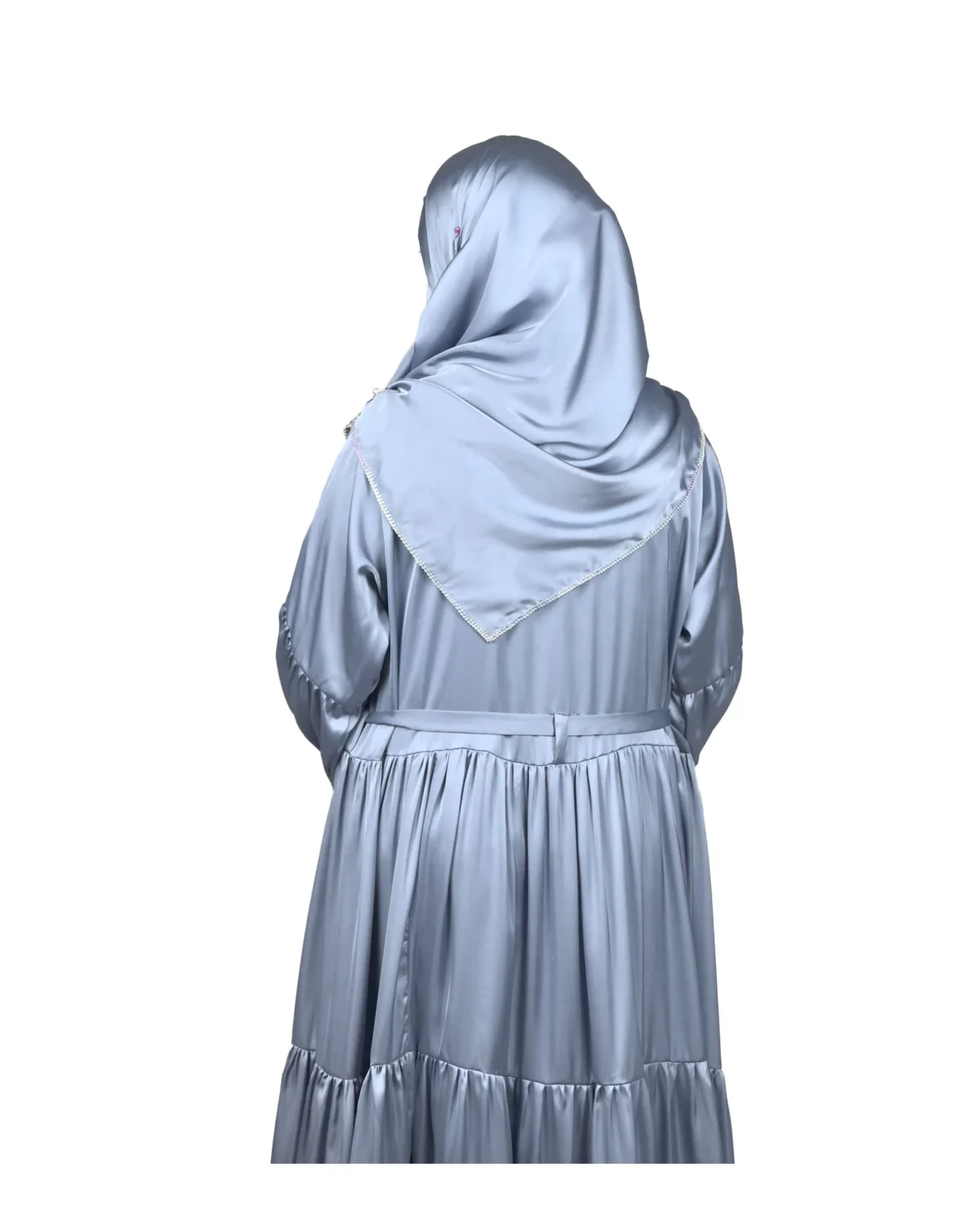 Blue Tiers dusty blue abaya back view with softly tiered high-sheen satin skirt