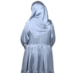 Blue Tiers dusty blue abaya back view with softly tiered high-sheen satin skirt