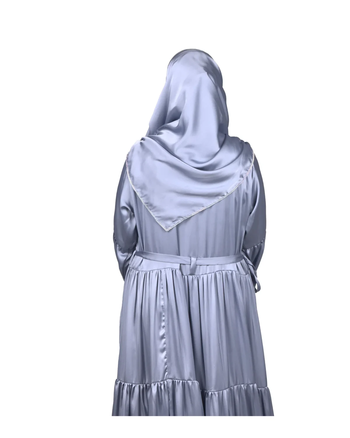 Blue Tiers dusty blue abaya back view with softly tiered high-sheen satin skirt