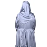 Blue Tiers dusty blue abaya back view with softly tiered high-sheen satin skirt