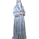 Blue Tiers dusty blue abaya front view with softly tiered high-sheen satin skirt