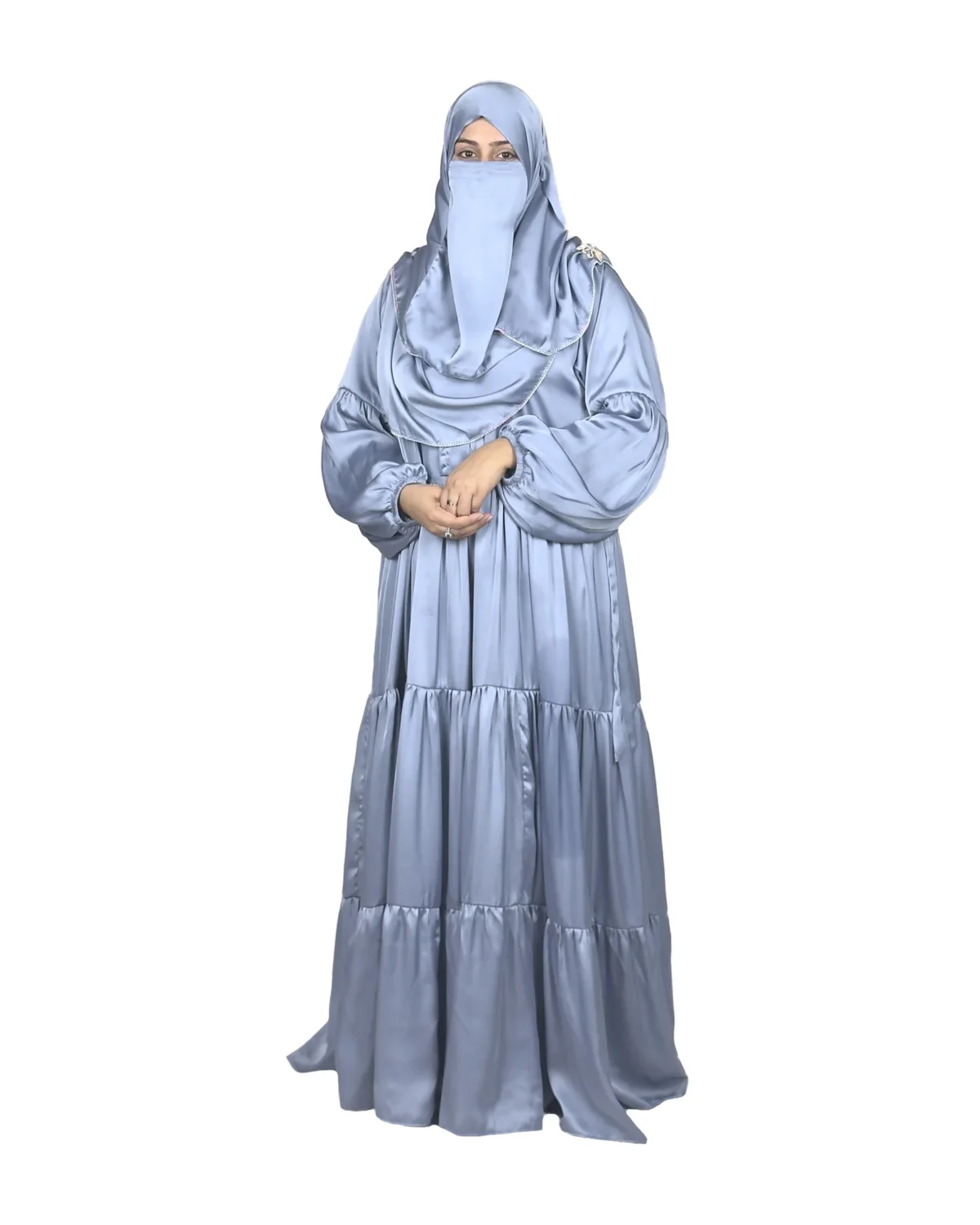 Blue Tiers dusty blue abaya front view with softly tiered high-sheen satin skirt