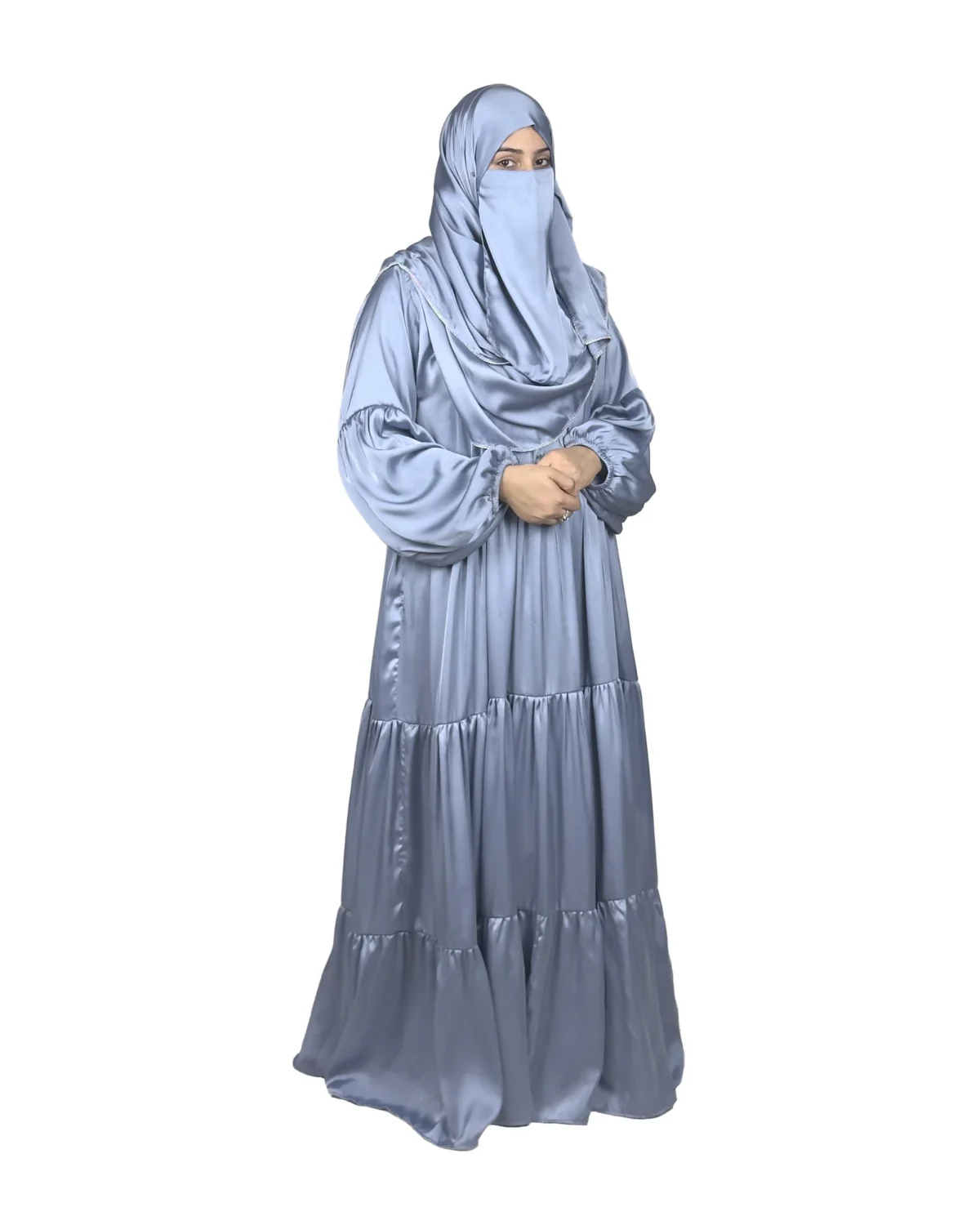 Blue Tiers dusty blue abaya front view with softly tiered high-sheen satin skirt