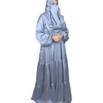 Blue Tiers dusty blue abaya front view with softly tiered high-sheen satin skirt