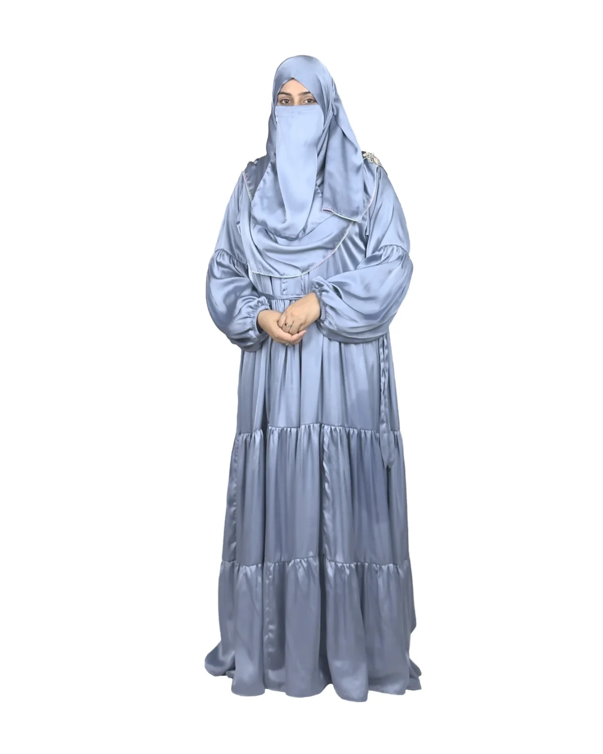 Blue Tiers dusty blue abaya front view with softly tiered high-sheen satin skirt