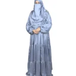 Blue Tiers dusty blue abaya front view with softly tiered high-sheen satin skirt