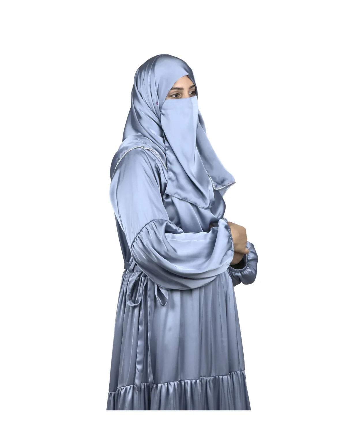 Blue Tiers dusty blue abaya front three-quarter view with softly tiered high-sheen satin skirt