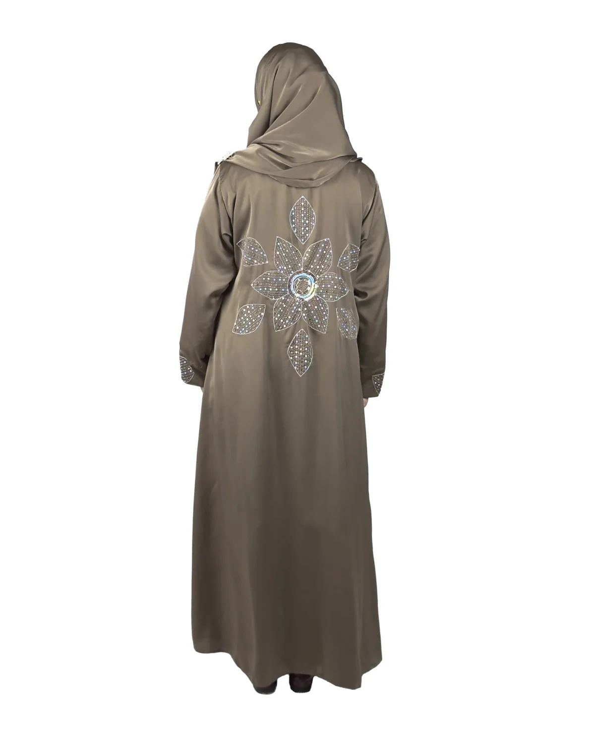 Copper Lily copper / warm dark brown abaya back view with oversized sequinned flower appliqué