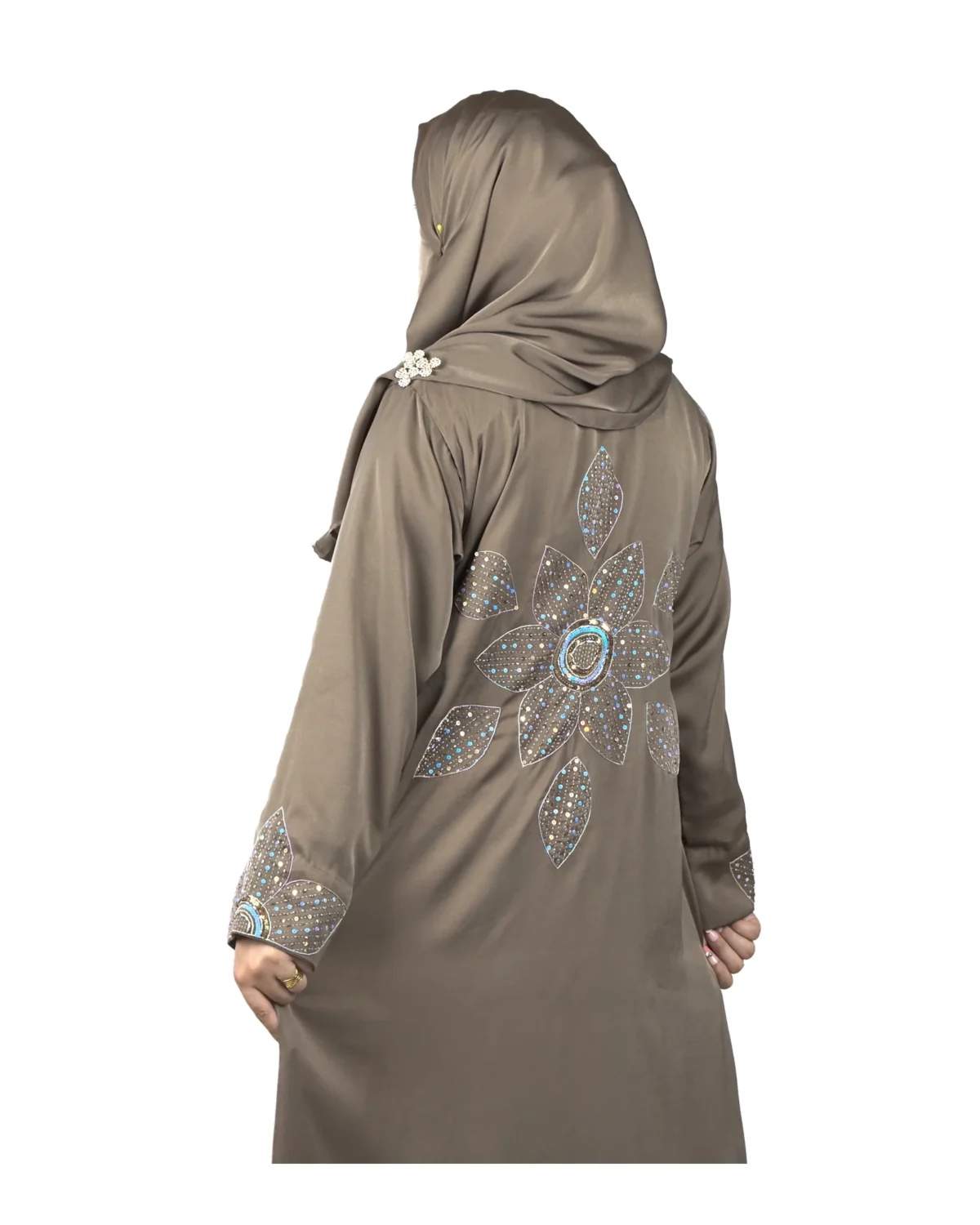 Copper Lily copper / warm dark brown abaya back view with oversized sequinned flower appliqué