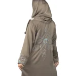 Copper Lily copper / warm dark brown abaya back view with oversized sequinned flower appliqué