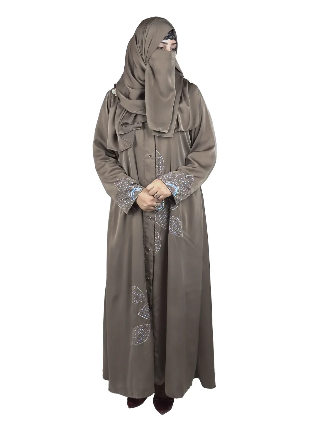 Copper Lily copper / warm dark brown abaya front view with oversized sequinned flower appliqué