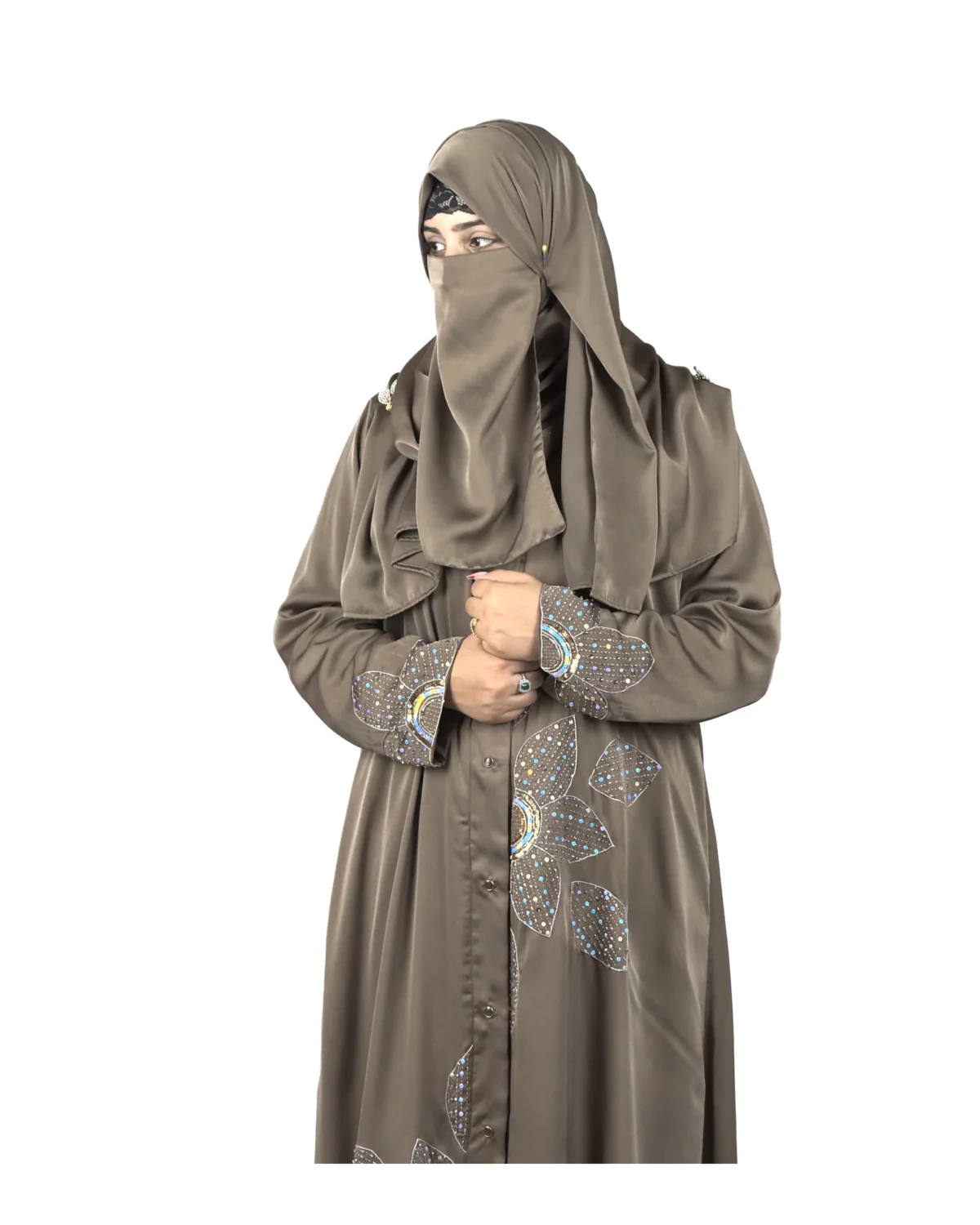 Copper Lily copper / warm dark brown abaya front view with oversized sequinned flower appliqué