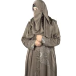Copper Lily copper / warm dark brown abaya front view with oversized sequinned flower appliqué