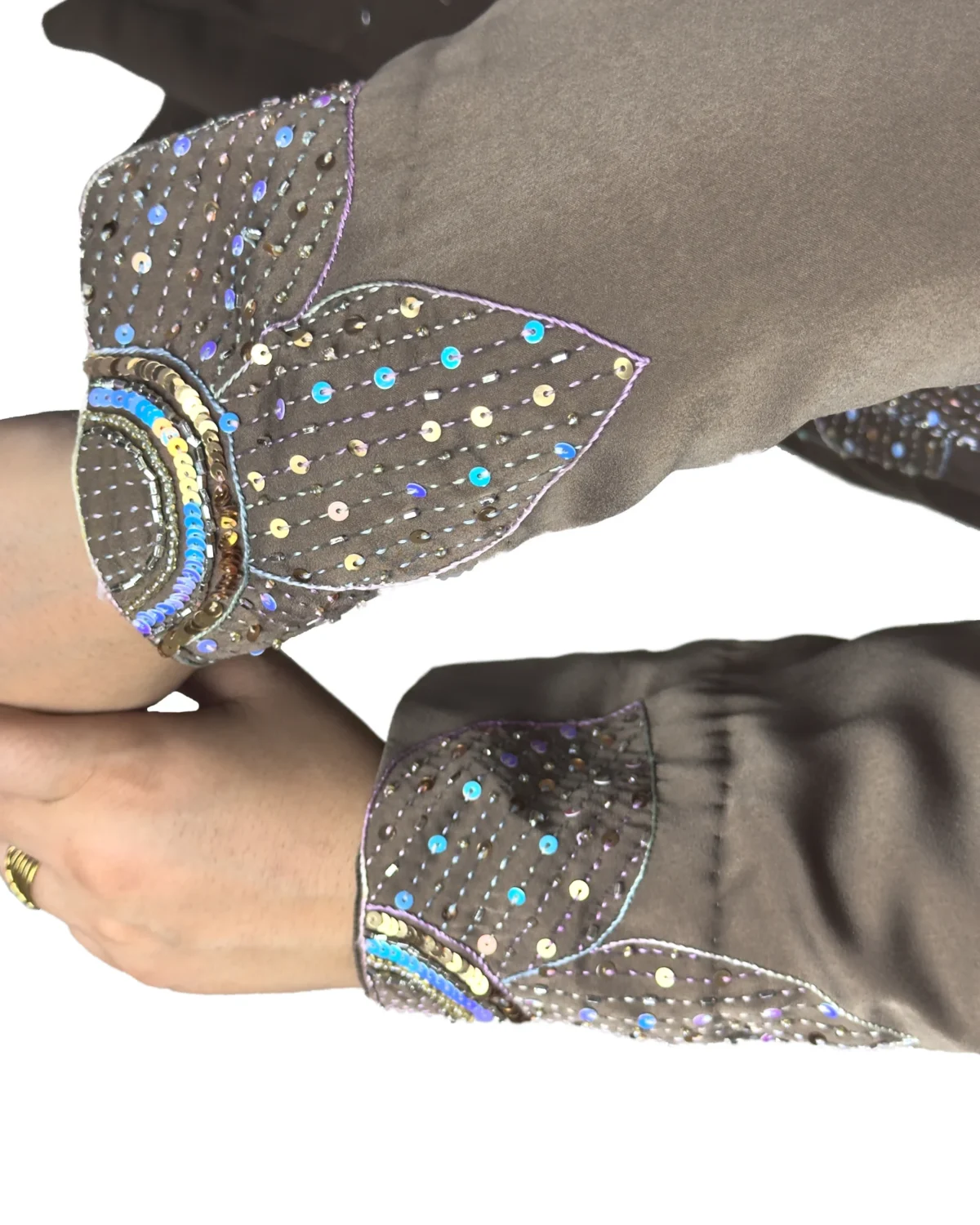 Copper Lily copper / warm dark brown abaya close-up of the sequinned flower petals on the cuff