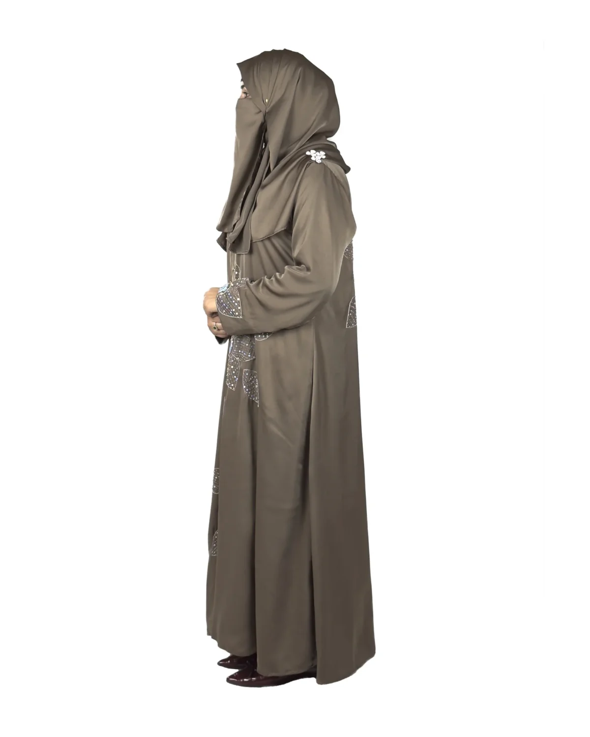 Copper Lily copper / warm dark brown abaya side profile view with oversized sequinned flower appliqué