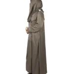 Copper Lily copper / warm dark brown abaya side profile view with oversized sequinned flower appliqué