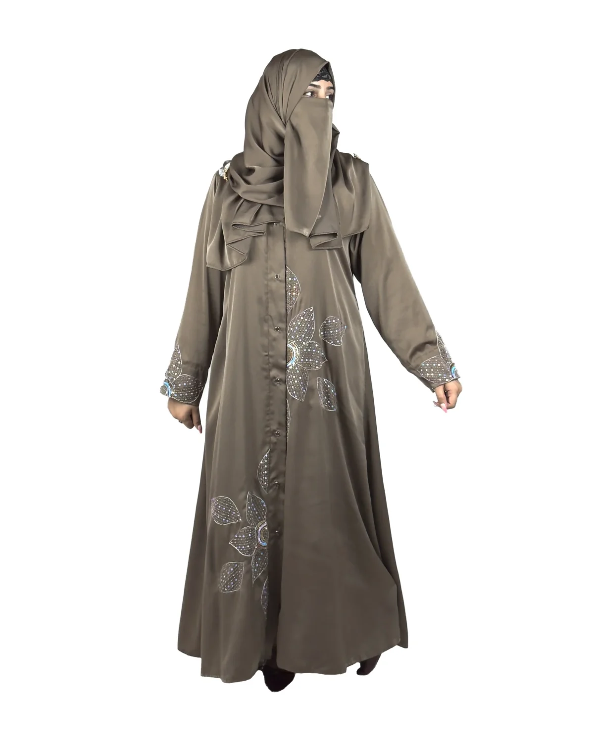 Copper Lily copper / warm dark brown abaya front three-quarter view with oversized sequinned flower appliqué