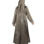 Copper Lily copper / warm dark brown abaya front three-quarter view with oversized sequinned flower appliqué