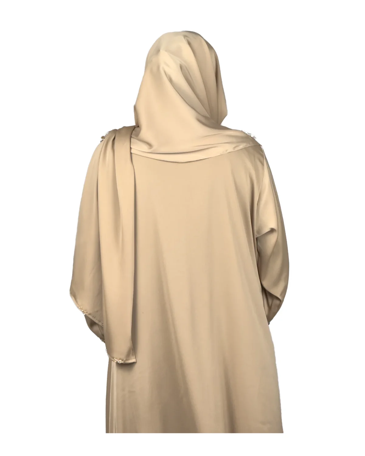 Desert Gold camel / sand beige abaya back view with ornate gold-beaded medallion and gold-banded cuffs