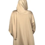Desert Gold camel / sand beige abaya back view with ornate gold-beaded medallion and gold-banded cuffs