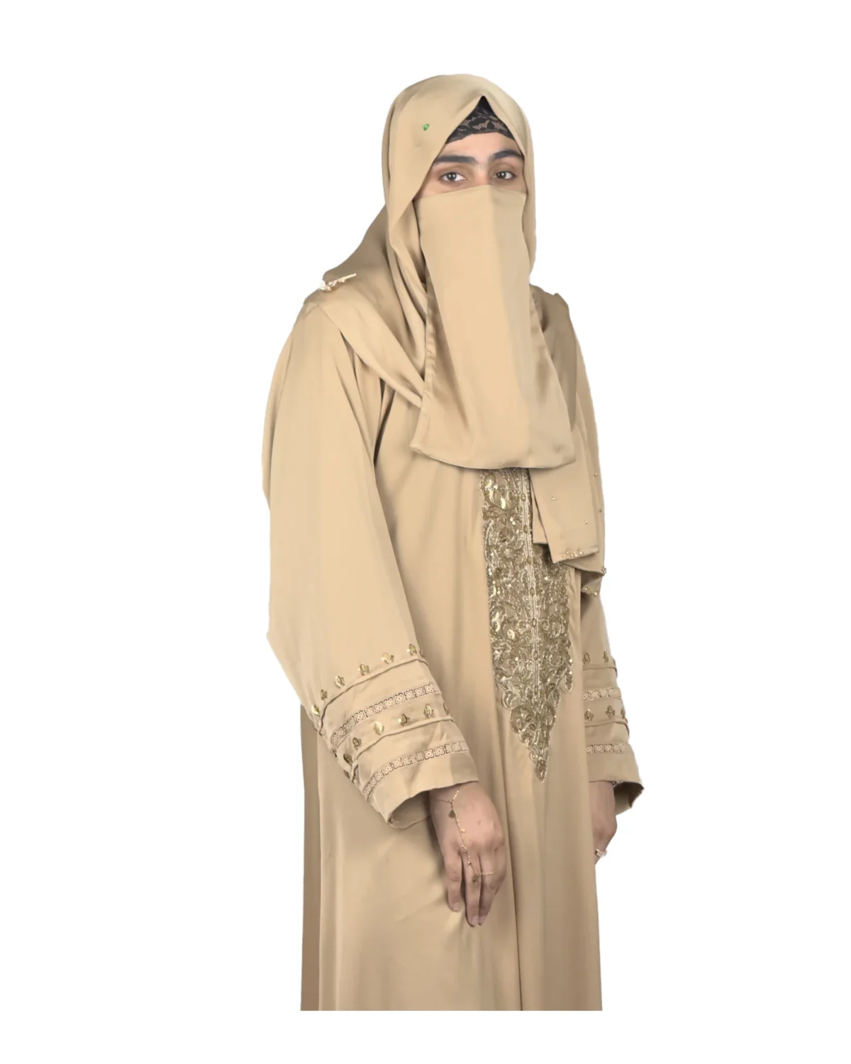 Desert Gold camel / sand beige abaya front view with ornate gold-beaded medallion and gold-banded cuffs