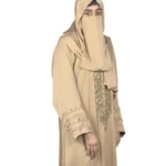Desert Gold camel / sand beige abaya front view with ornate gold-beaded medallion and gold-banded cuffs