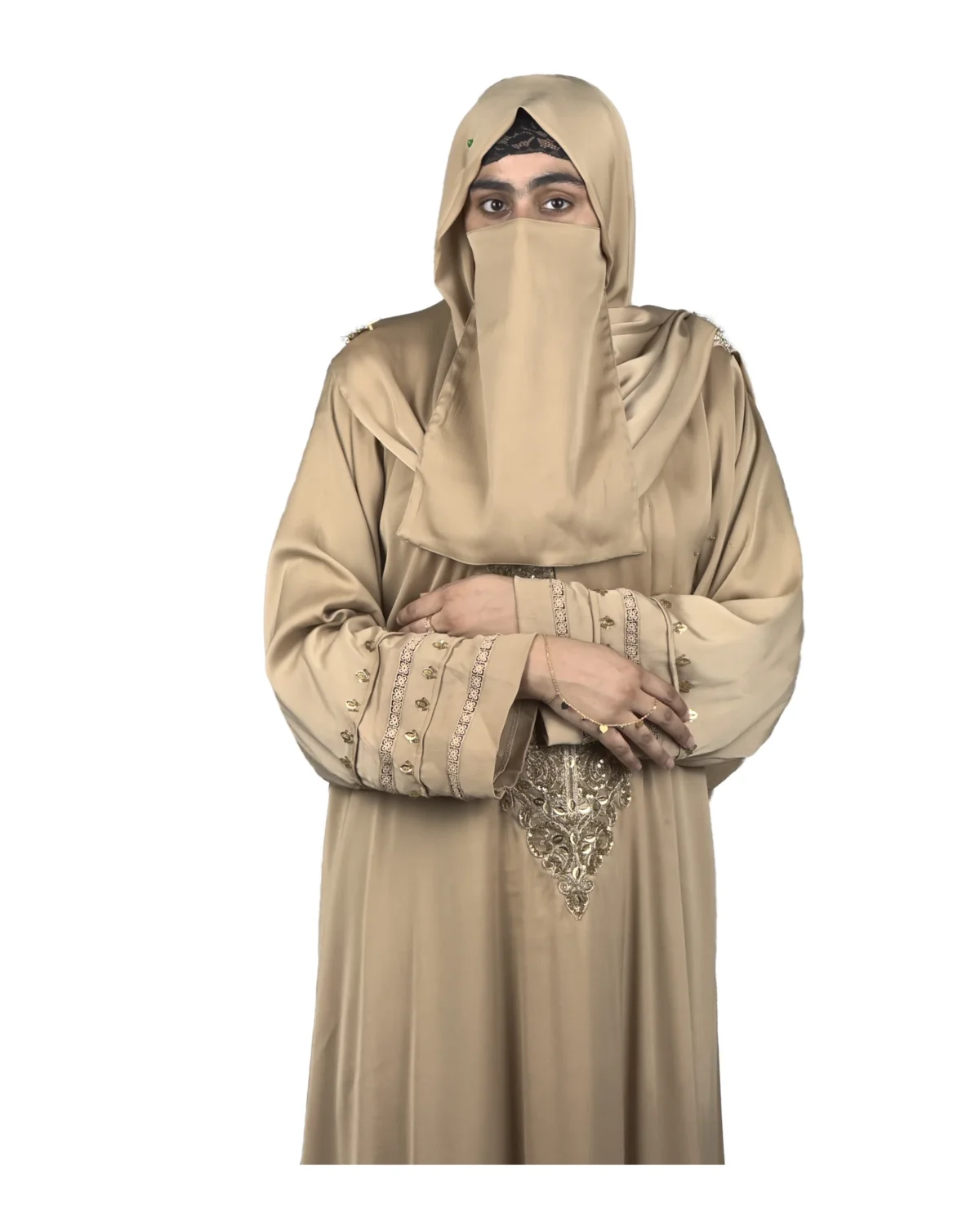 Desert Gold camel / sand beige abaya front view with ornate gold-beaded medallion and gold-banded cuffs