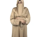 Desert Gold camel / sand beige abaya front view with ornate gold-beaded medallion and gold-banded cuffs