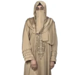 Desert Gold camel / sand beige abaya front view with ornate gold-beaded medallion and gold-banded cuffs