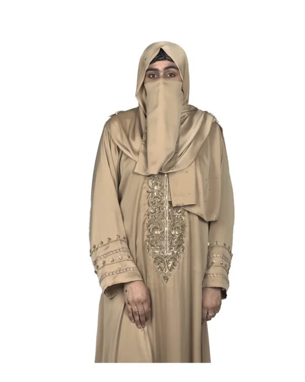 Desert Gold camel / sand beige abaya front view with ornate gold-beaded medallion and gold-banded cuffs