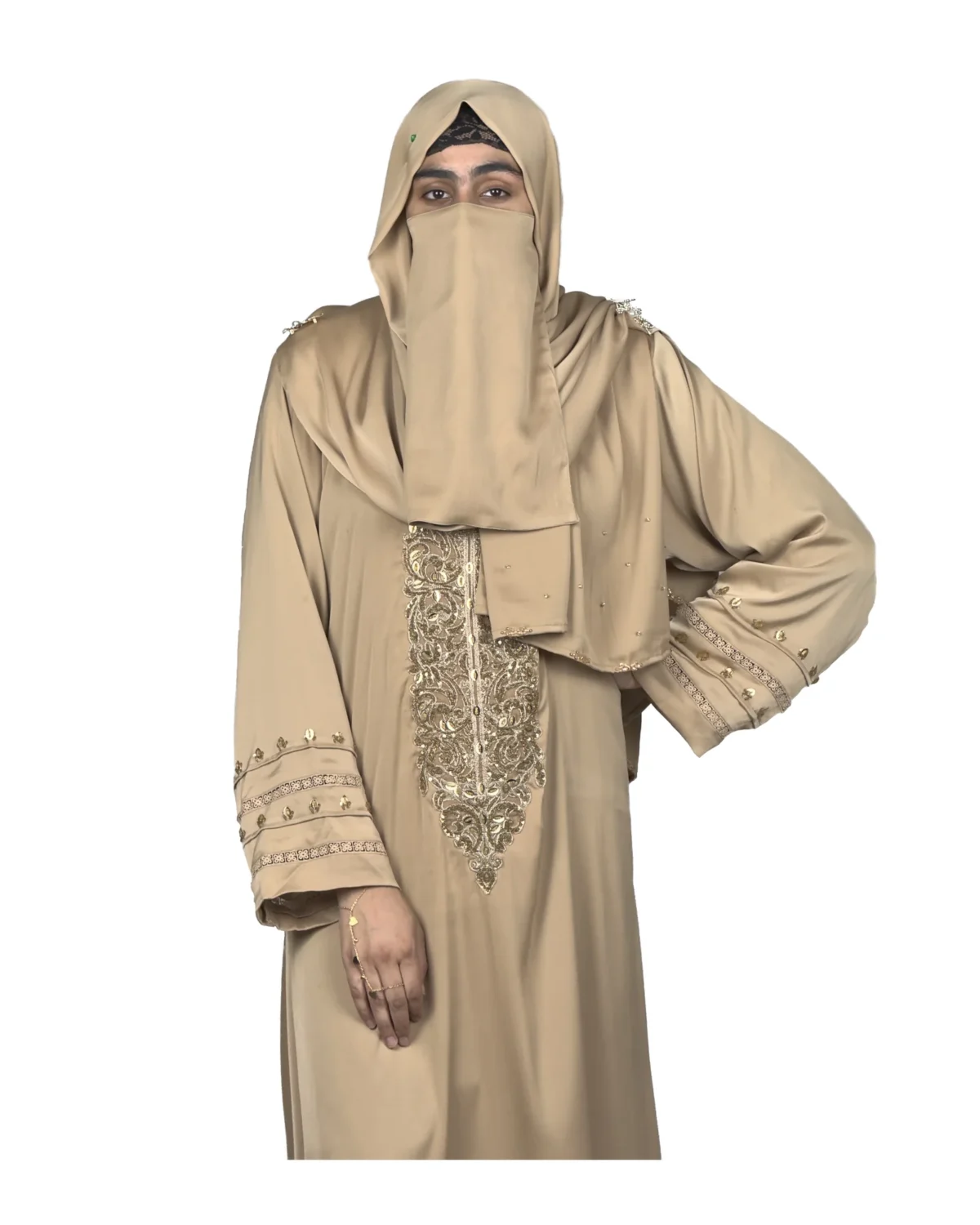 Desert Gold camel / sand beige abaya front three-quarter view with ornate gold-beaded medallion and gold-banded cuffs