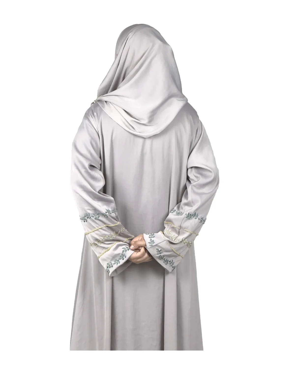 Dove Petal dove grey abaya back view with delicately embroidered wide cuffs